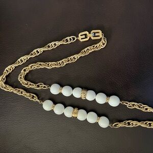 GIVENCHY Signed 1977 Vintage Gold Plated Chain and White Beaded Necklace